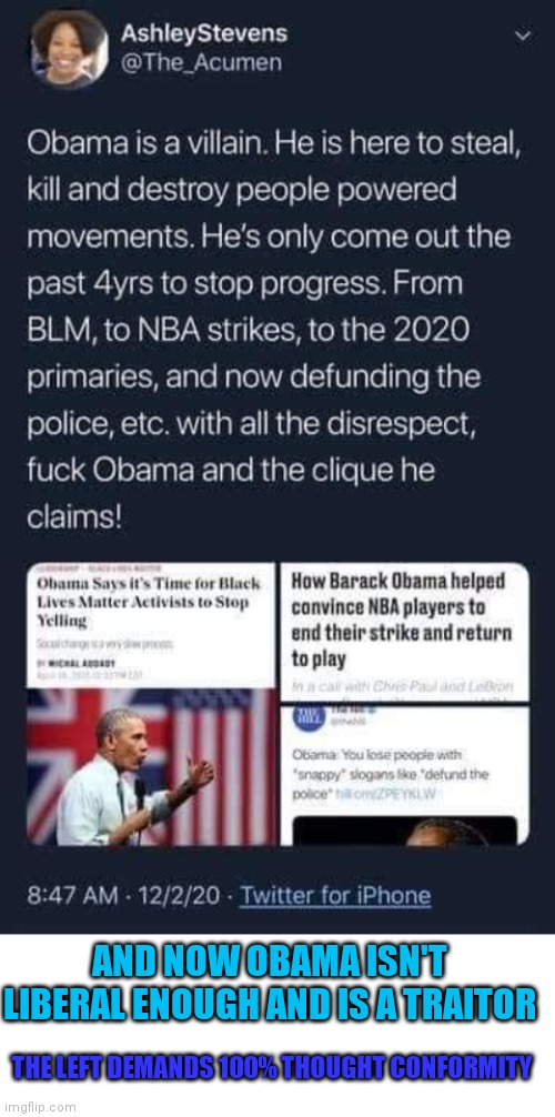 AND NOW OBAMA ISN'T LIBERAL ENOUGH AND IS A TRAITOR; THE LEFT DEMANDS 100% THOUGHT CONFORMITY | image tagged in blank white template | made w/ Imgflip meme maker