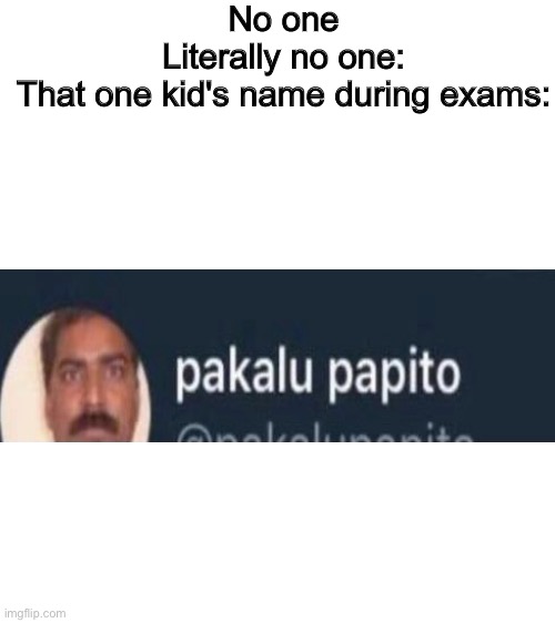 Smrt | No one
Literally no one:
That one kid's name during exams: | image tagged in blank white template,pakalu papito,memes | made w/ Imgflip meme maker