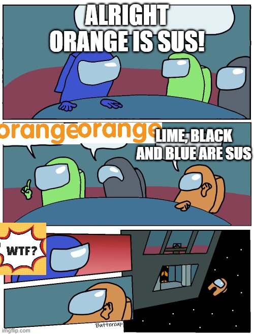 among us stuff | ALRIGHT ORANGE IS SUS! LIME, BLACK AND BLUE ARE SUS | image tagged in among us meeting | made w/ Imgflip meme maker