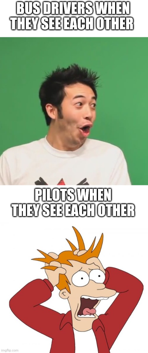 BUS DRIVERS WHEN THEY SEE EACH OTHER; PILOTS WHEN THEY SEE EACH OTHER | image tagged in pogchamp,panic,bus,plane,pilot,airplane | made w/ Imgflip meme maker