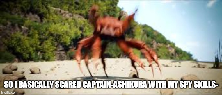 Yeah- | SO I BASICALLY SCARED CAPTAIN-ASHIKURA WITH MY SPY SKILLS- | image tagged in crab rave | made w/ Imgflip meme maker