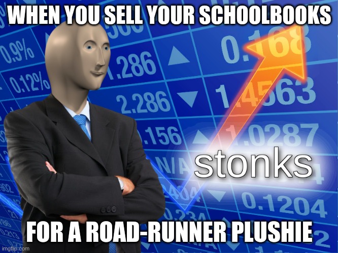 School succs | WHEN YOU SELL YOUR SCHOOLBOOKS; FOR A ROAD-RUNNER PLUSHIE | image tagged in stonks | made w/ Imgflip meme maker