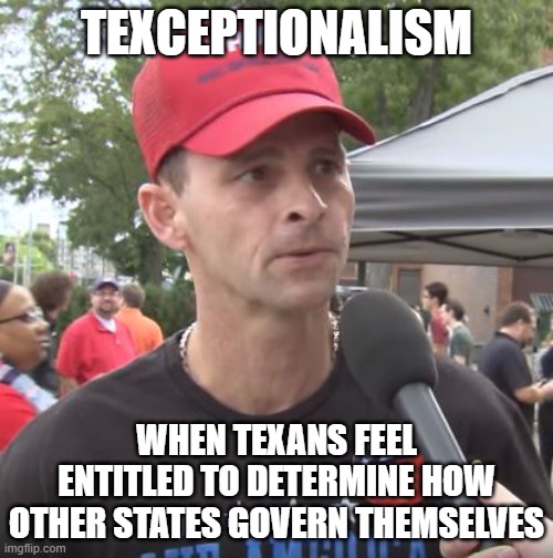 Trump supporter | TEXCEPTIONALISM; WHEN TEXANS FEEL ENTITLED TO DETERMINE HOW OTHER STATES GOVERN THEMSELVES | image tagged in trump supporter,texas,election 2020 | made w/ Imgflip meme maker