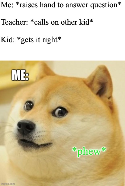 Me: *raises hand to answer question*
 
Teacher: *calls on other kid*
 
Kid: *gets it right*; ME:; *phew* | image tagged in memes,doge | made w/ Imgflip meme maker