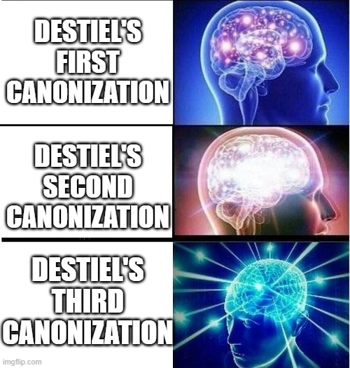 Destiels 3 canonizations | DESTIEL'S FIRST CANONIZATION; DESTIEL'S SECOND CANONIZATION; DESTIEL'S THIRD CANONIZATION | image tagged in expanding brain 3 panels | made w/ Imgflip meme maker