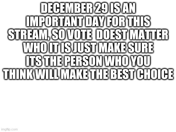 Blank White Template | DECEMBER 29 IS AN IMPORTANT DAY FOR THIS STREAM, SO VOTE  DOEST MATTER WHO IT IS JUST MAKE SURE ITS THE PERSON WHO YOU THINK WILL MAKE THE BEST CHOICE | image tagged in blank white template,vote | made w/ Imgflip meme maker