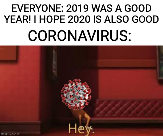 You suck, 2020 | EVERYONE: 2019 WAS A GOOD YEAR! I HOPE 2020 IS ALSO GOOD; CORONAVIRUS: | image tagged in despicable me - hey,coronavirus,2020 sucks | made w/ Imgflip meme maker