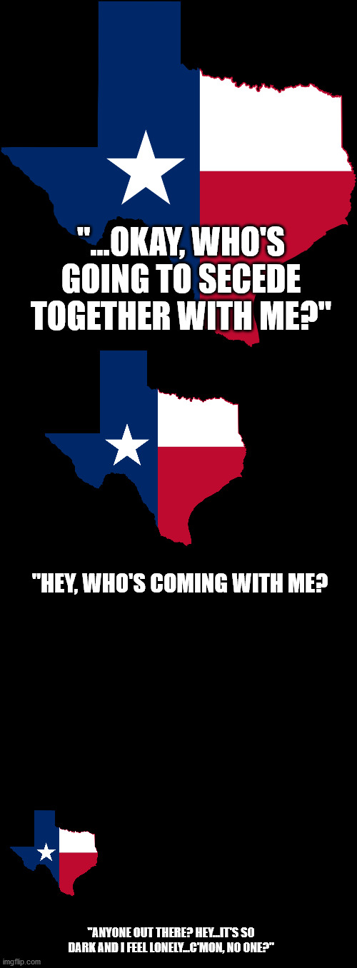 "...OKAY, WHO'S GOING TO SECEDE TOGETHER WITH ME?" "HEY, WHO'S COMING WITH ME? "ANYONE OUT THERE? HEY...IT'S SO DARK AND I FEEL LONELY...C'M | image tagged in blank black,black blank | made w/ Imgflip meme maker