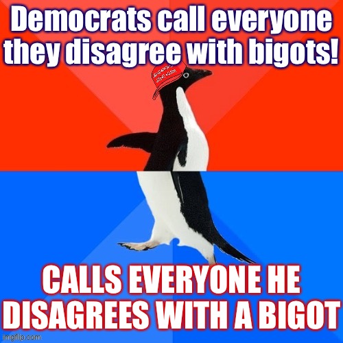 Every debate with a rightie be like | Democrats call everyone they disagree with bigots! CALLS EVERYONE HE DISAGREES WITH A BIGOT | image tagged in socially awesome awkward penguin maga hat | made w/ Imgflip meme maker