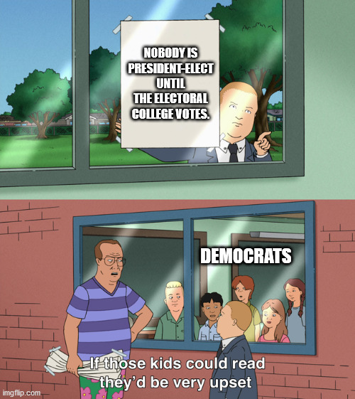 If those kids could read they'd be very upset | NOBODY IS PRESIDENT-ELECT UNTIL THE ELECTORAL COLLEGE VOTES. DEMOCRATS | image tagged in if those kids could read they'd be very upset | made w/ Imgflip meme maker