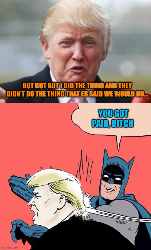YOU GOT PAID, BITCH BUT BUT BUT I DID THE THING AND THEY DIDN’T DO THE THING THAT ER SAID WE WOULD DO... | image tagged in trump crybaby,batman slaps trump | made w/ Imgflip meme maker