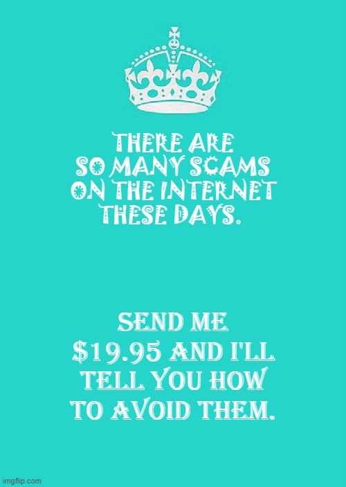 dew it lol- | THERE ARE SO MANY SCAMS ON THE INTERNET THESE DAYS. SEND ME $19.95 AND I'LL TELL YOU HOW TO AVOID THEM. | image tagged in memes,keep calm and carry on aqua | made w/ Imgflip meme maker