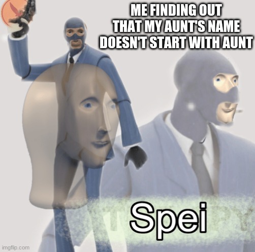 Meme man spei | ME FINDING OUT THAT MY AUNT'S NAME DOESN'T START WITH AUNT | image tagged in meme man spei | made w/ Imgflip meme maker