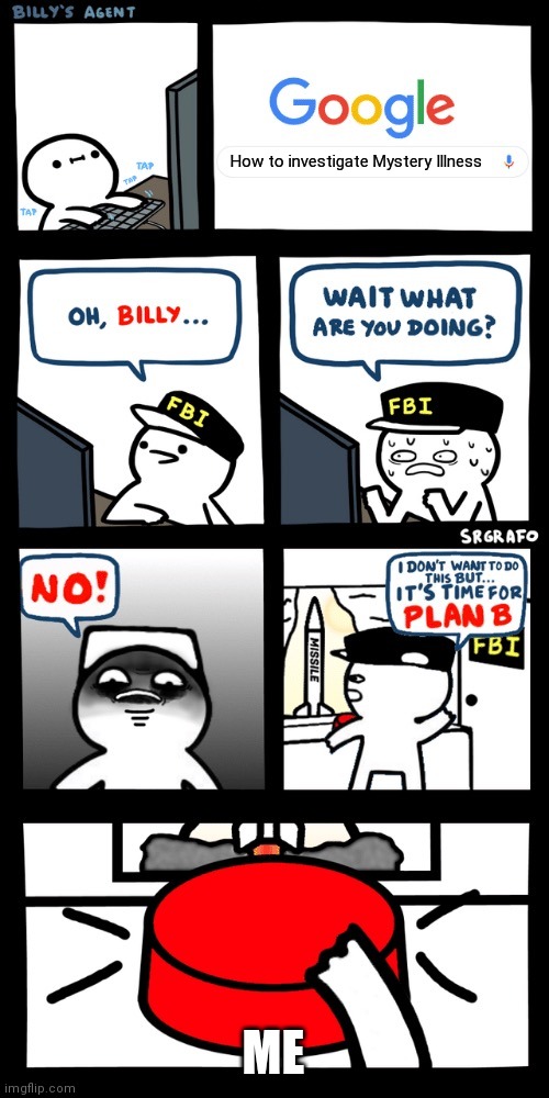 Billy’s FBI agent plan B | How to investigate Mystery Illness ME | image tagged in billy s fbi agent plan b | made w/ Imgflip meme maker