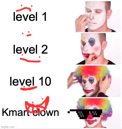 Clown Applying Makeup Meme | level 1 level 2 level 10 Kmart clown | image tagged in memes,clown applying makeup | made w/ Imgflip meme maker