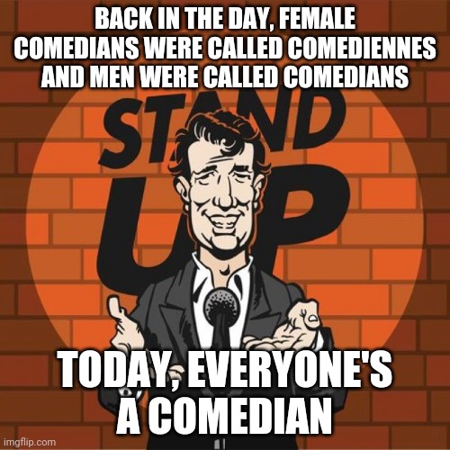 Times have changed | BACK IN THE DAY, FEMALE COMEDIANS WERE CALLED COMEDIENNES AND MEN WERE CALLED COMEDIANS; TODAY, EVERYONE'S A COMEDIAN | image tagged in stand up comedian,comedian,name change,difference | made w/ Imgflip meme maker