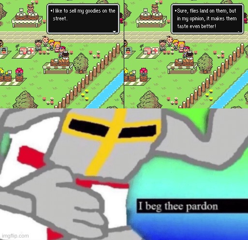 *holy music stops* | image tagged in i beg thee pardon,mother 2,earthbound,knight | made w/ Imgflip meme maker