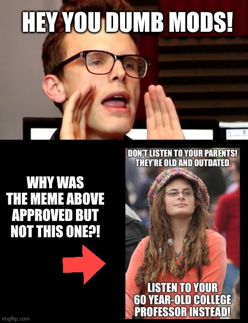 WHY WAS THE MEME ABOVE APPROVED BUT NOT THIS ONE?! HEY YOU DUMB MODS! | image tagged in idubbbz,blank black | made w/ Imgflip meme maker