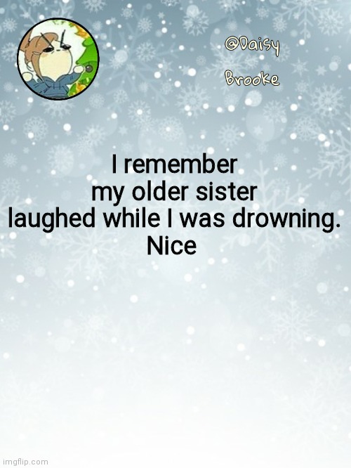 Oop | I remember my older sister laughed while I was drowning.
Nice | image tagged in daisy's christmas template | made w/ Imgflip meme maker