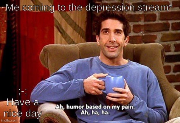 Ross Humor based on my pain | Me coming to the depression stream*; ;-; Have a nice day | image tagged in ross humor based on my pain | made w/ Imgflip meme maker