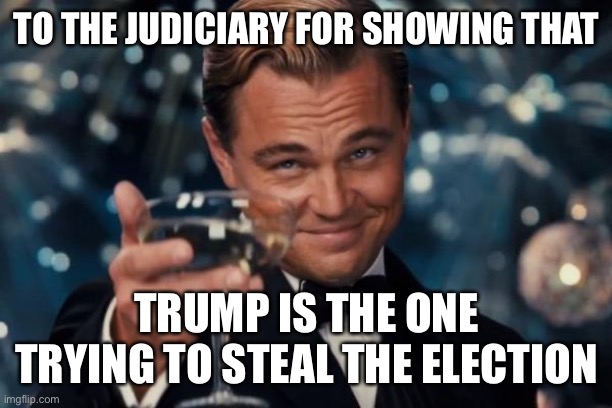 Leonardo Dicaprio Cheers | TO THE JUDICIARY FOR SHOWING THAT; TRUMP IS THE ONE TRYING TO STEAL THE ELECTION | image tagged in memes,leonardo dicaprio cheers | made w/ Imgflip meme maker