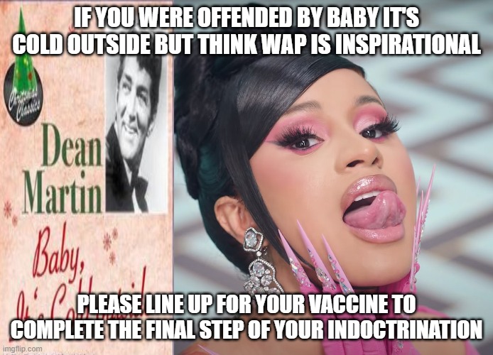 Dean Martin Vs. Cardi B | IF YOU WERE OFFENDED BY BABY IT'S COLD OUTSIDE BUT THINK WAP IS INSPIRATIONAL; PLEASE LINE UP FOR YOUR VACCINE TO COMPLETE THE FINAL STEP OF YOUR INDOCTRINATION | image tagged in indoctrination,covid | made w/ Imgflip meme maker