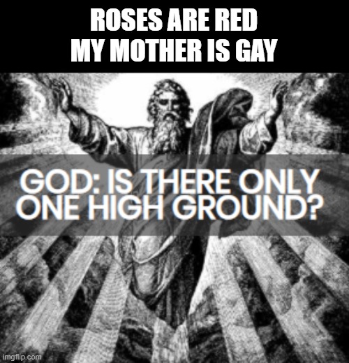 there is only one? | ROSES ARE RED
MY MOTHER IS GAY | image tagged in god,the high ground,roses are red | made w/ Imgflip meme maker