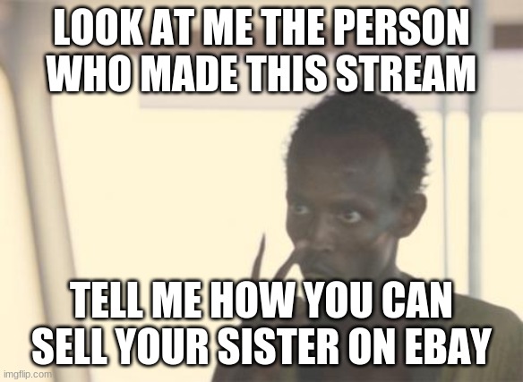 please tell me i need to know she will be on ebay for 1 cent thanks | LOOK AT ME THE PERSON WHO MADE THIS STREAM; TELL ME HOW YOU CAN SELL YOUR SISTER ON EBAY | image tagged in memes,i'm the captain now | made w/ Imgflip meme maker