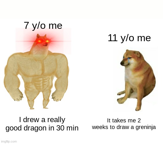 Difference | 7 y/o me; 11 y/o me; I drew a really good dragon in 30 min; It takes me 2 weeks to draw a greninja | image tagged in memes,buff doge vs cheems | made w/ Imgflip meme maker