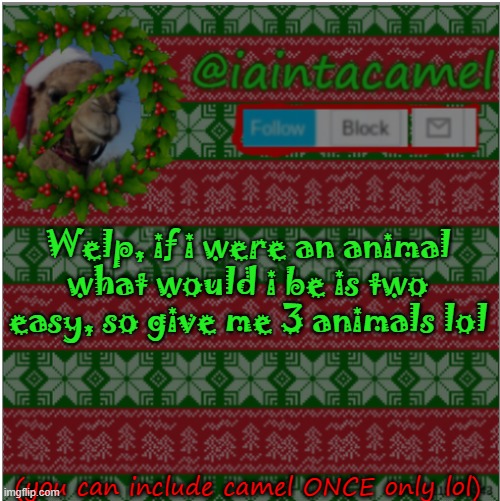 *TOO, not two | Welp, if i were an animal what would i be is two easy, so give me 3 animals lol; (you can include camel ONCE only lol) | image tagged in iaintacamel | made w/ Imgflip meme maker