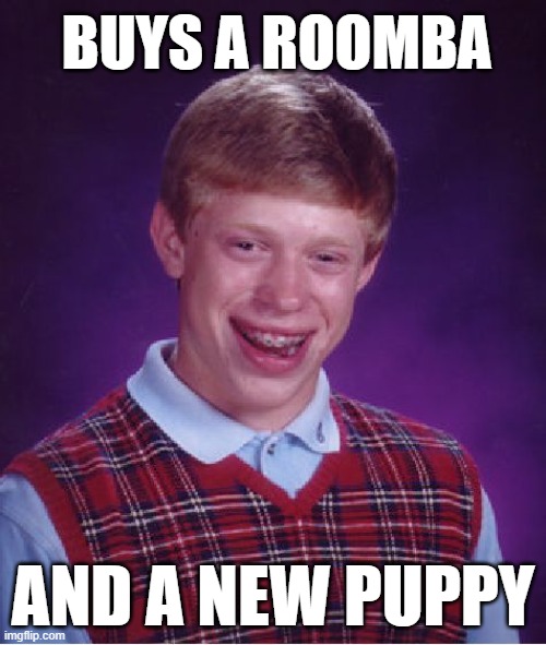 There's shit everywhere! | BUYS A ROOMBA; AND A NEW PUPPY | image tagged in memes,bad luck brian,feces,pets,roomba | made w/ Imgflip meme maker