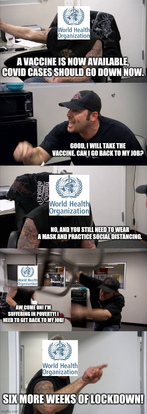 The WHO still won't let you | A VACCINE IS NOW AVAILABLE, COVID CASES SHOULD GO DOWN NOW. GOOD, I WILL TAKE THE VACCINE. CAN I GO BACK TO MY JOB? NO, AND YOU STILL NEED TO WEAR A MASK AND PRACTICE SOCIAL DISTANCING. AW COME ON! I'M SUFFERING IN POVERTY! I NEED TO GET BACK TO MY JOB! SIX MORE WEEKS OF LOCKDOWN! | image tagged in memes,american chopper argument,covid-19,tyranny,vaccines | made w/ Imgflip meme maker