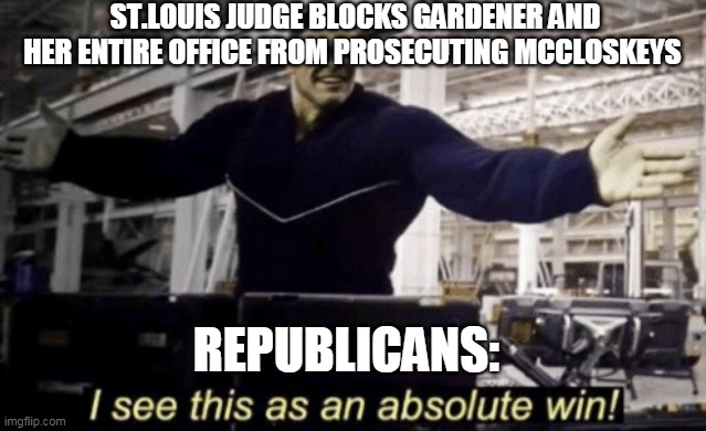 I See This as an Absolute Win! | ST.LOUIS JUDGE BLOCKS GARDENER AND HER ENTIRE OFFICE FROM PROSECUTING MCCLOSKEYS; REPUBLICANS: | image tagged in i see this as an absolute win | made w/ Imgflip meme maker