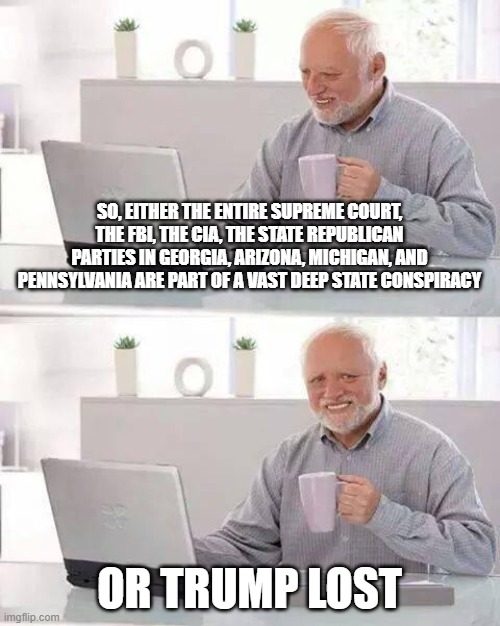 Spoiler alert: he lost | SO, EITHER THE ENTIRE SUPREME COURT, THE FBI, THE CIA, THE STATE REPUBLICAN PARTIES IN GEORGIA, ARIZONA, MICHIGAN, AND PENNSYLVANIA ARE PART OF A VAST DEEP STATE CONSPIRACY; OR TRUMP LOST | image tagged in memes,hide the pain harold | made w/ Imgflip meme maker