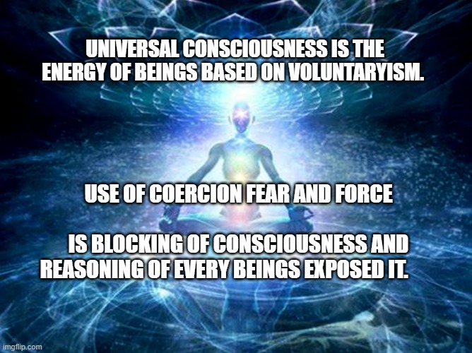 enlightened mind | UNIVERSAL CONSCIOUSNESS IS THE ENERGY OF BEINGS BASED ON VOLUNTARYISM. USE OF COERCION FEAR AND FORCE                                   IS BLOCKING OF CONSCIOUSNESS AND REASONING OF EVERY BEINGS EXPOSED IT. | image tagged in enlightened mind | made w/ Imgflip meme maker