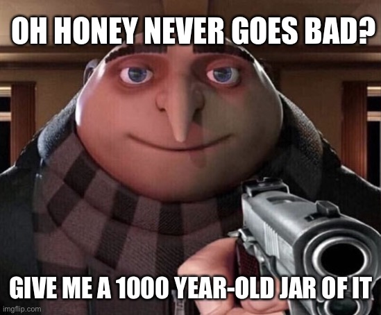 Gru Gun | OH HONEY NEVER GOES BAD? GIVE ME A 1000 YEAR-OLD JAR OF IT | image tagged in gru gun,funny,honey,memes | made w/ Imgflip meme maker