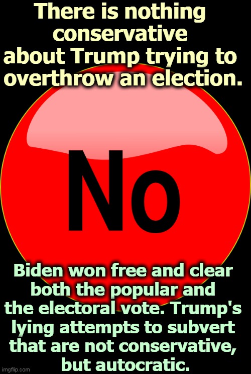 If you are willing to abandon our democracy just to win, you are not conservative, you are un-American. | There is nothing 
conservative 
about Trump trying to 
overthrow an election. Biden won free and clear 
both the popular and 
the electoral vote. Trump's 
lying attempts to subvert 
that are not conservative, 
but autocratic. | image tagged in biden,winner,trump,loser | made w/ Imgflip meme maker