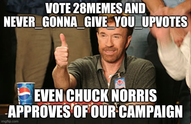 follow chuck norris! | VOTE 28MEMES AND NEVER_GONNA_GIVE_YOU_UPVOTES; EVEN CHUCK NORRIS APPROVES OF OUR CAMPAIGN | image tagged in memes,chuck norris approves,chuck norris | made w/ Imgflip meme maker