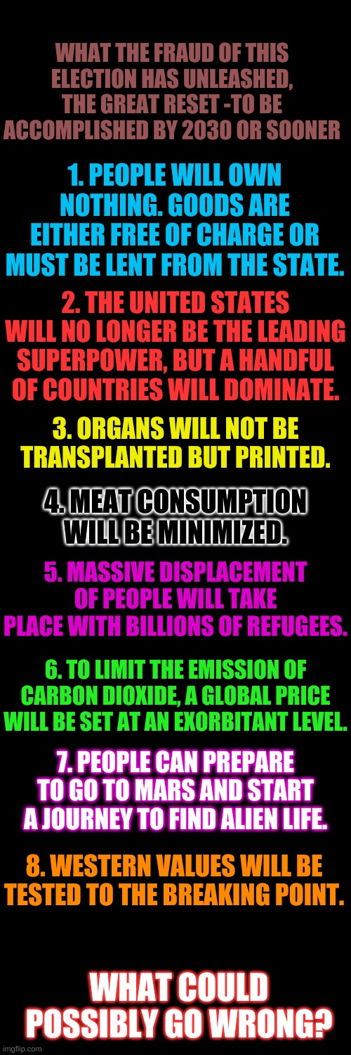 8 predictions of the World Economic Forum's Great Reset, coming to nation near you soon! Finally the freedom to explore Mars! | WHAT THE FRAUD OF THIS ELECTION HAS UNLEASHED, THE GREAT RESET -TO BE ACCOMPLISHED BY 2030 OR SOONER; 1. PEOPLE WILL OWN NOTHING. GOODS ARE EITHER FREE OF CHARGE OR MUST BE LENT FROM THE STATE. 2. THE UNITED STATES WILL NO LONGER BE THE LEADING SUPERPOWER, BUT A HANDFUL OF COUNTRIES WILL DOMINATE. 3. ORGANS WILL NOT BE TRANSPLANTED BUT PRINTED. 4. MEAT CONSUMPTION WILL BE MINIMIZED. 5. MASSIVE DISPLACEMENT OF PEOPLE WILL TAKE PLACE WITH BILLIONS OF REFUGEES. 6. TO LIMIT THE EMISSION OF CARBON DIOXIDE, A GLOBAL PRICE WILL BE SET AT AN EXORBITANT LEVEL. 7. PEOPLE CAN PREPARE TO GO TO MARS AND START A JOURNEY TO FIND ALIEN LIFE. 8. WESTERN VALUES WILL BE TESTED TO THE BREAKING POINT. WHAT COULD POSSIBLY GO WRONG? | image tagged in plain black template | made w/ Imgflip meme maker