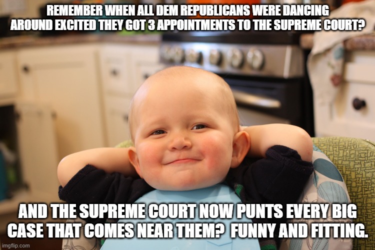 Dems will pack it to the gills now. | REMEMBER WHEN ALL DEM REPUBLICANS WERE DANCING AROUND EXCITED THEY GOT 3 APPOINTMENTS TO THE SUPREME COURT? AND THE SUPREME COURT NOW PUNTS EVERY BIG CASE THAT COMES NEAR THEM?  FUNNY AND FITTING. | image tagged in baby boss relaxed smug content | made w/ Imgflip meme maker