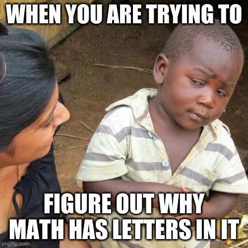 math...... why | WHEN YOU ARE TRYING TO; FIGURE OUT WHY MATH HAS LETTERS IN IT | image tagged in memes,math | made w/ Imgflip meme maker