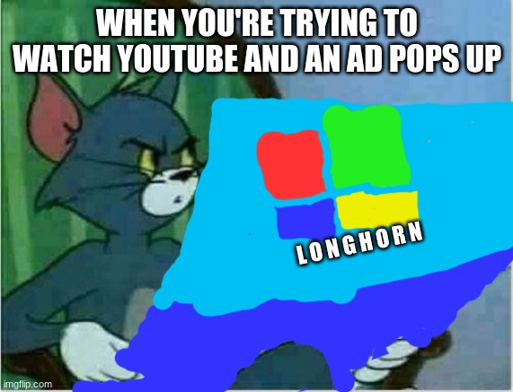 Tom's ad problem | WHEN YOU'RE TRYING TO WATCH YOUTUBE AND AN AD POPS UP; L O N G H O R N | image tagged in tom newspaper original | made w/ Imgflip meme maker
