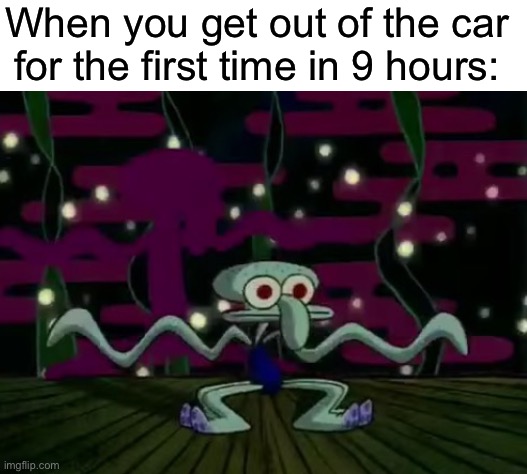 When you get out of the car for the first time in 9 hours: | image tagged in blank white template | made w/ Imgflip meme maker