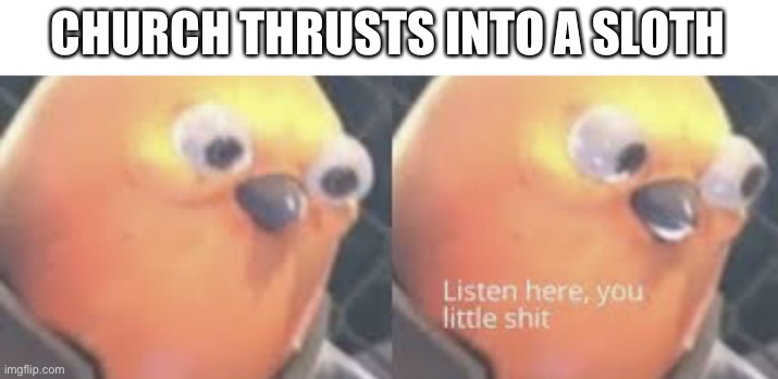 Why. Did. I. Make. This? | CHURCH THRUSTS INTO A SLOTH | image tagged in listen here you little shit bird | made w/ Imgflip meme maker