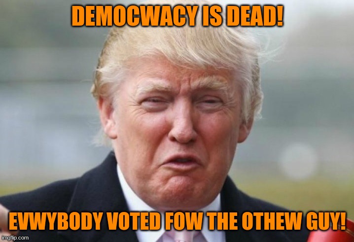 Trump Crybaby | DEMOCWACY IS DEAD! EVWYBODY VOTED FOW THE OTHEW GUY! | image tagged in trump crybaby | made w/ Imgflip meme maker