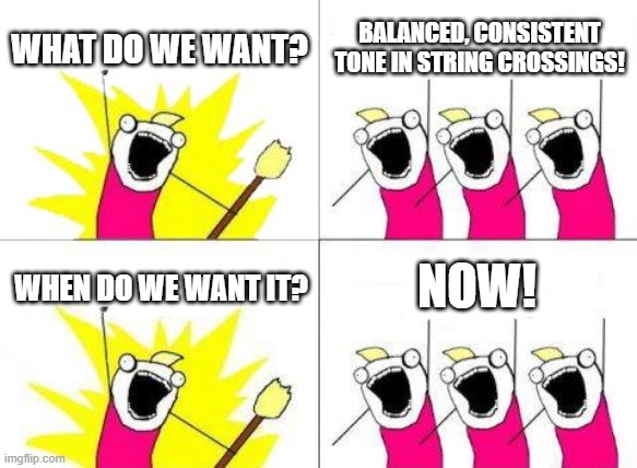 What Do We Want Meme | WHAT DO WE WANT? BALANCED, CONSISTENT TONE IN STRING CROSSINGS! NOW! WHEN DO WE WANT IT? | image tagged in memes,what do we want | made w/ Imgflip meme maker