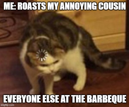 Loading cat | ME: ROASTS MY ANNOYING COUSIN; EVERYONE ELSE AT THE BARBEQUE | image tagged in loading cat | made w/ Imgflip meme maker