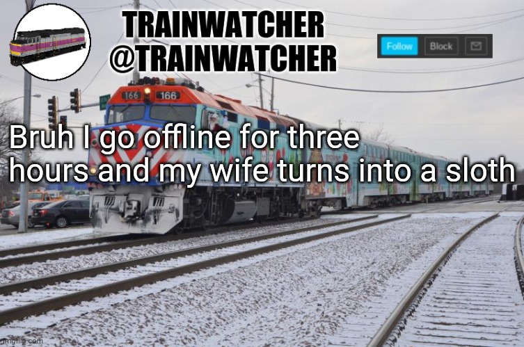 Trainwatcher Announcement 6 | Bruh I go offline for three hours and my wife turns into a sloth | image tagged in trainwatcher announcement 6 | made w/ Imgflip meme maker