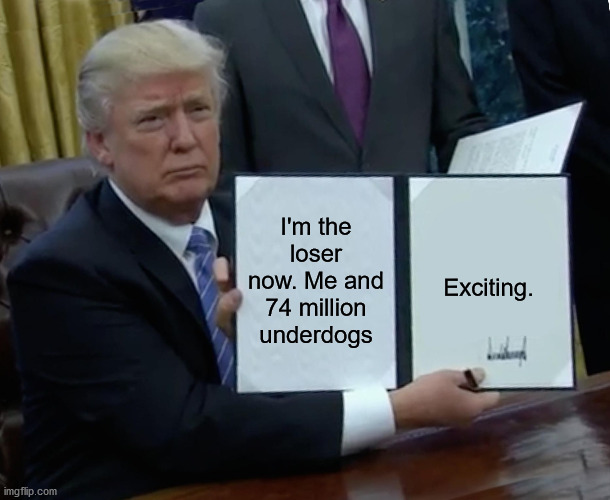 Trump Bill Signing | I'm the loser now. Me and 74 million underdogs; Exciting. | image tagged in memes,trump bill signing | made w/ Imgflip meme maker