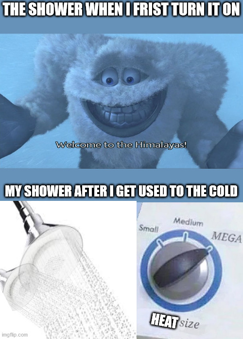 THE SHOWER WHEN I FRIST TURN IT ON; MY SHOWER AFTER I GET USED TO THE COLD; HEAT | image tagged in welcome to the himalayas | made w/ Imgflip meme maker